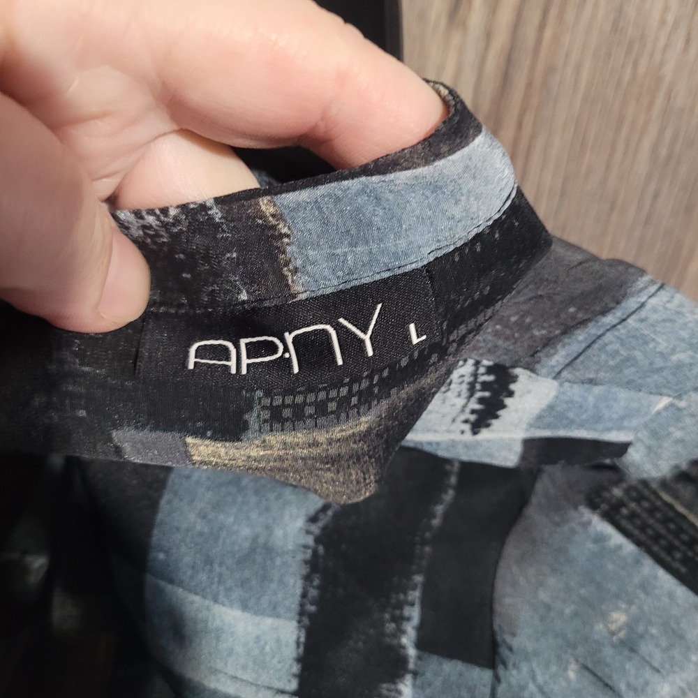 APNY Abstract SemiSheer Blouse Lg Muted Blue/Black Tasseled Popover Lightweight - Picture 8 of 10